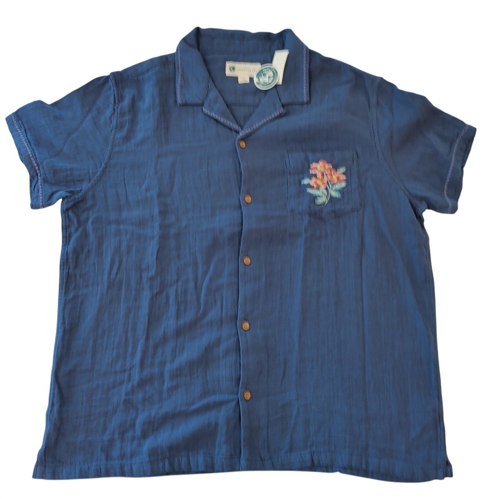 Aeropostale Men Short Sleeve Stitched Floral Gauze Camp ShirtSize XL Blue NWT